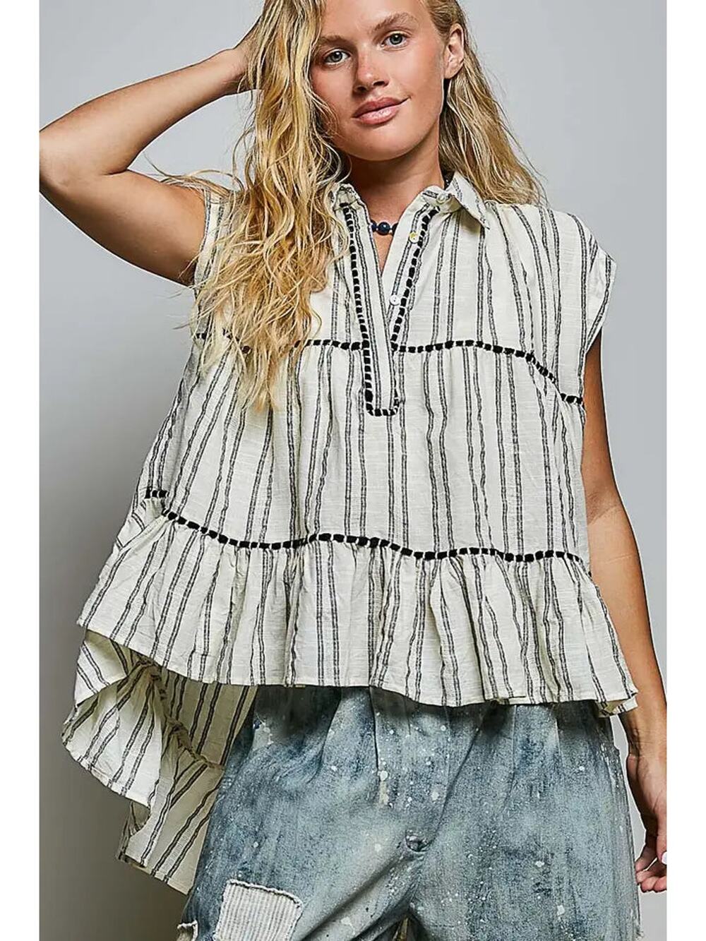 POL Collared Neck Stripe Soft Ruffle Stitch Sleeveless Shirt Top - Picture 1 of 6